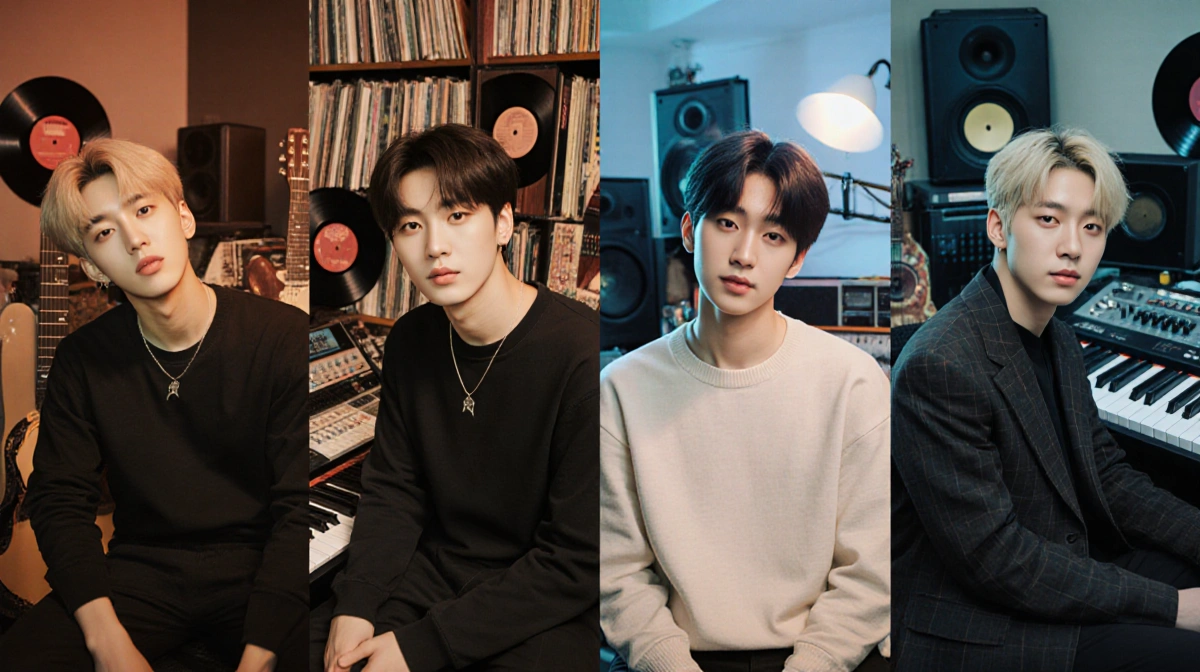 BTS members RM Jin Suga and J-Hope recording solo music in studio settings with guitars keyboards and vinyl records showing i