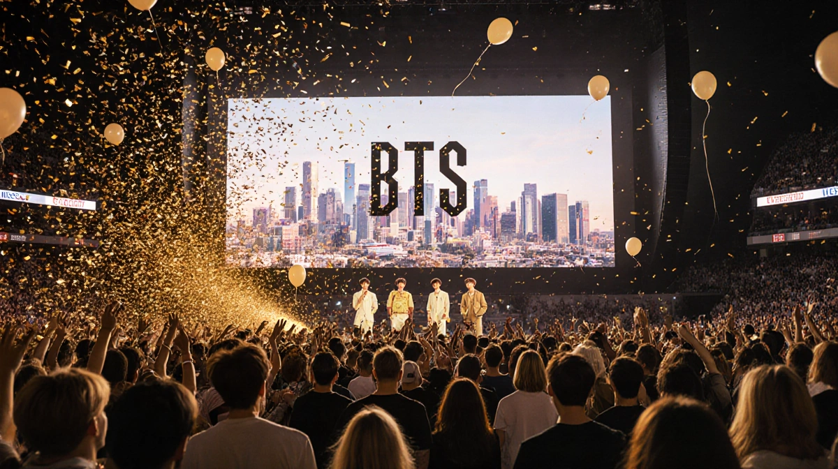 BTS fans cheer at SoFi Stadium with massive LED screen showing logo and confetti filling the air