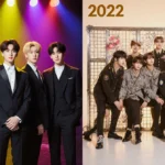 BTS members posing in split photo with younger selves showing K-Pop evolution and growth