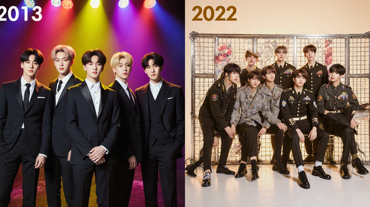 BTS members posing in split photo with younger selves showing K-Pop evolution and growth
