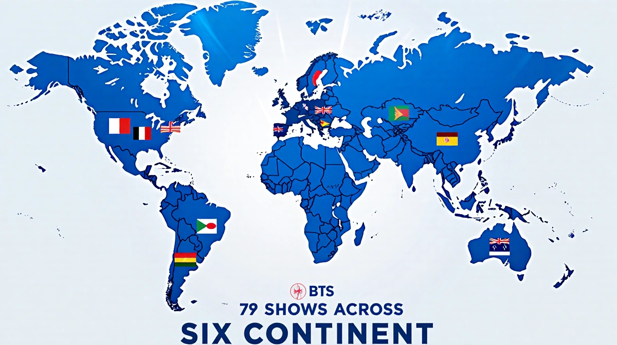 World map glows with blue continents and 79 country flags circling the center with stage lights rising and tour text showing