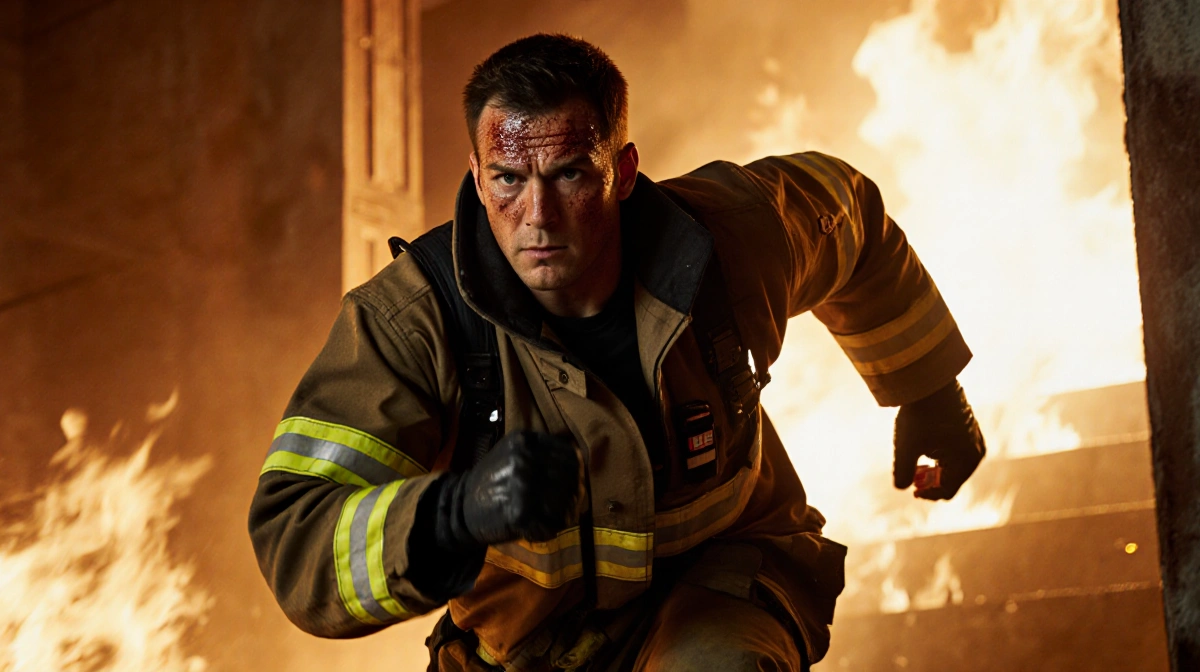 Firefighter sprinting in gear with sweat-drenched face and muscles tensed showing athletic endurance