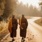 Two Buddhist monks walking side by side along a winding road with golden light and scattered leaves in foreground