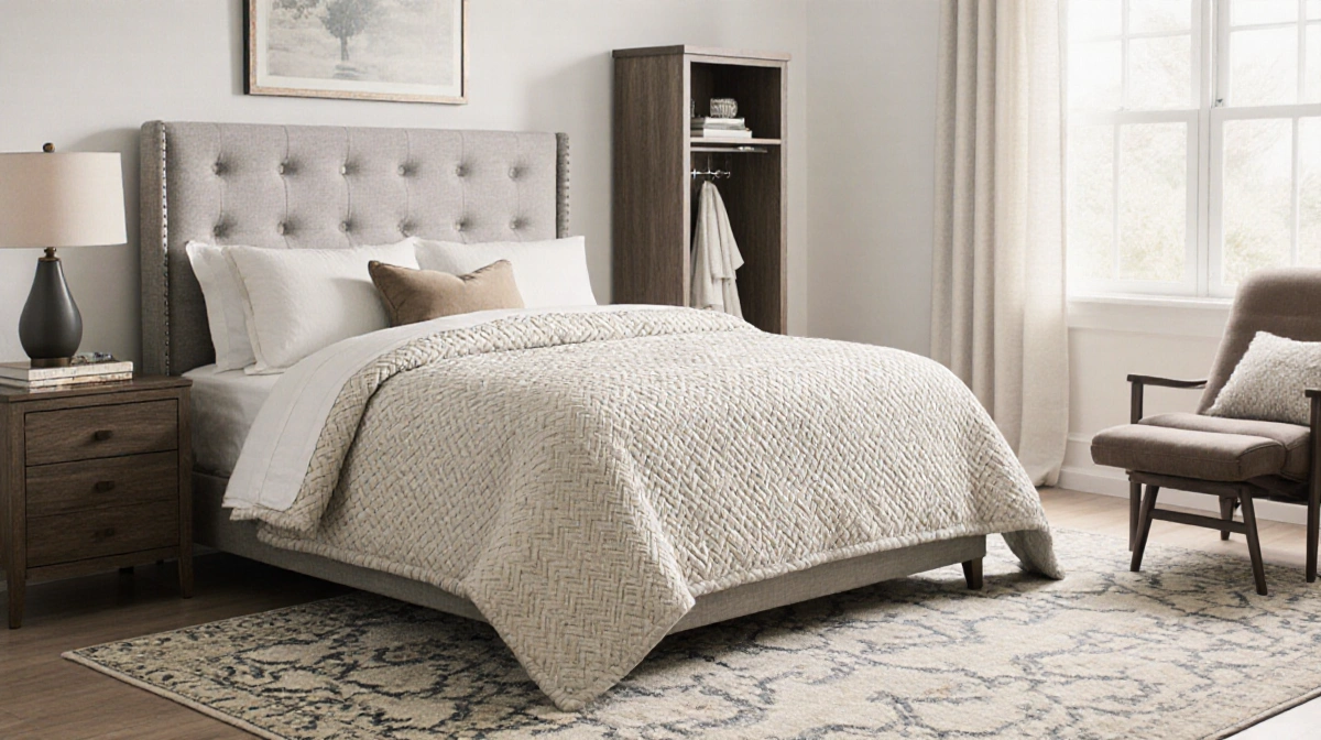 Cozy bedroom with budget furniture finds under $200 showing queen bed with textured quilt and hall tree with recliner