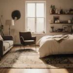 Cozy living room mixes modern and vintage finds with budget-friendly discounted rug and duvet showing like-new quality