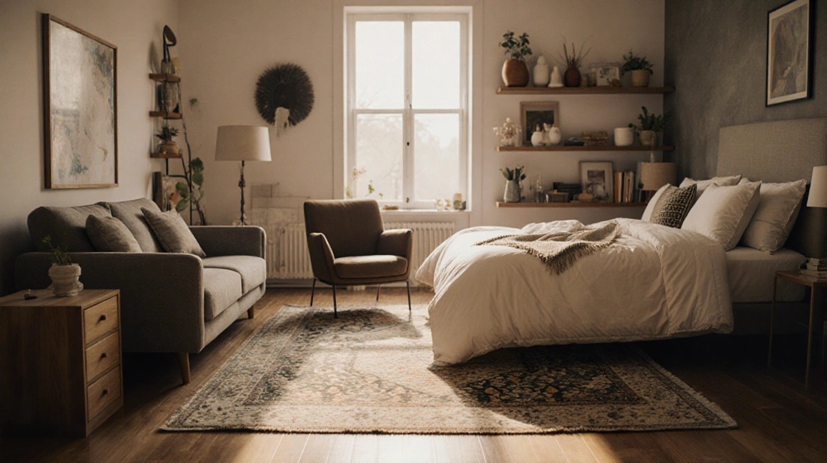 Cozy living room mixes modern and vintage finds with budget-friendly discounted rug and duvet showing like-new quality