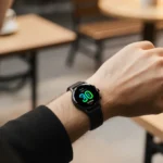 Person checking colorful budget smartwatch with fitness trackers and coffee shop background showing urban lifestyle