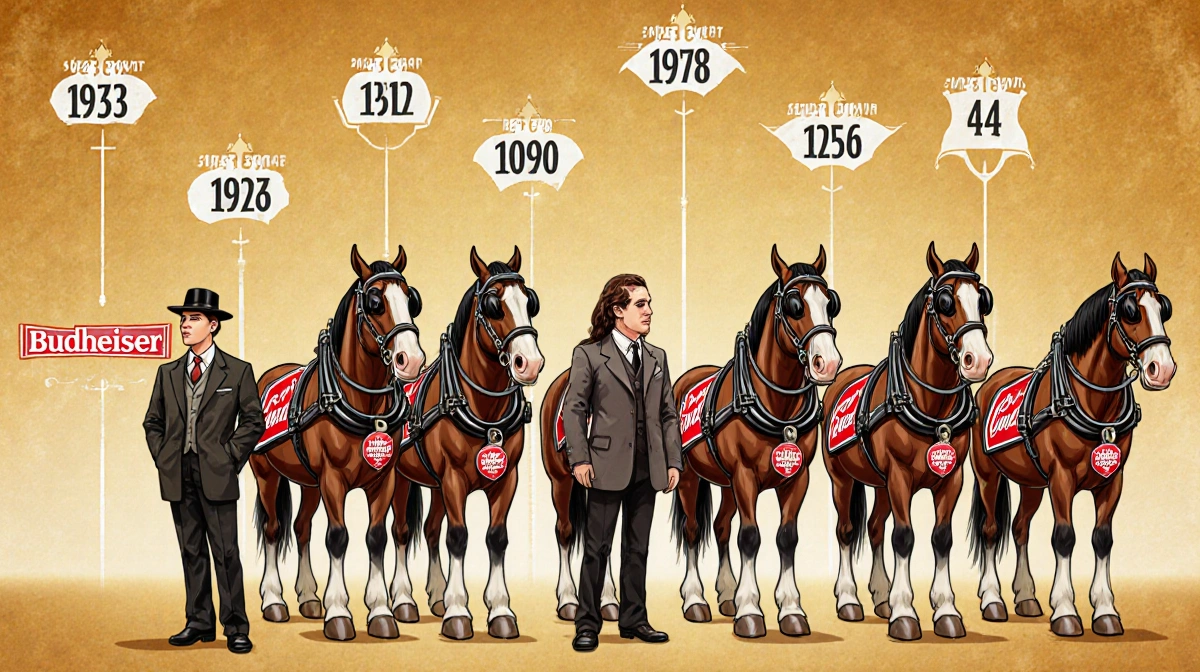 Budweiser Clydesdales standing in front of vintage Super Bowl timeline with numbered milestones and classic harness logos sho
