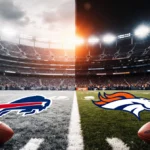 Two snow-covered football fields show Buffalo Bills and Denver Broncos logos at midfield with stadium lights glowing under or