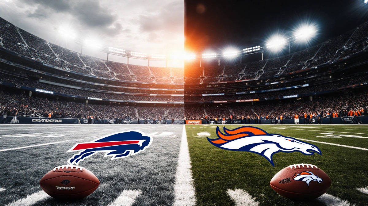 Two snow-covered football fields show Buffalo Bills and Denver Broncos logos at midfield with stadium lights glowing under or