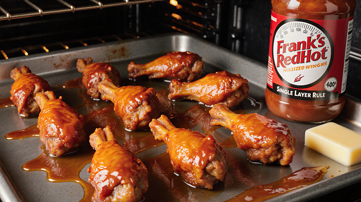 Crispy buffalo chicken wings laid on a baking sheet with a 400°F oven thermometer and a Frank's RedHot sauce bottle nearby.