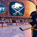 Buffalo Sabres logo shines on arena with young fans in jerseys celebrating the 2026 NHL Draft and Gavin McKenna silhouette wa
