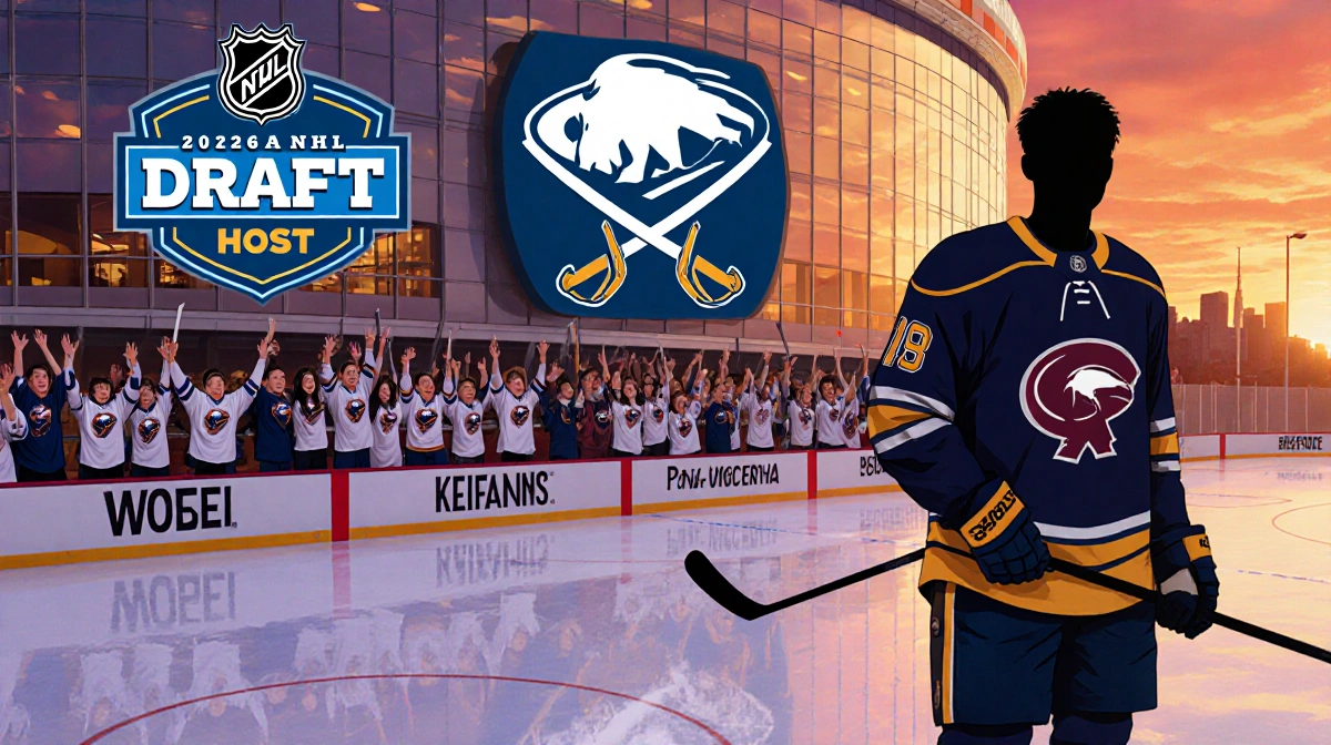 Buffalo Sabres logo shines on arena with young fans in jerseys celebrating the 2026 NHL Draft and Gavin McKenna silhouette wa