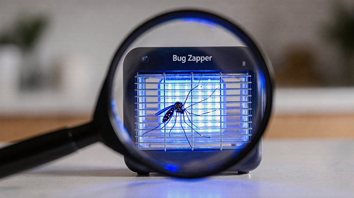 Mosquito flying toward portable bug zapper with bright LED grid and magnifying glass on kitchen counter