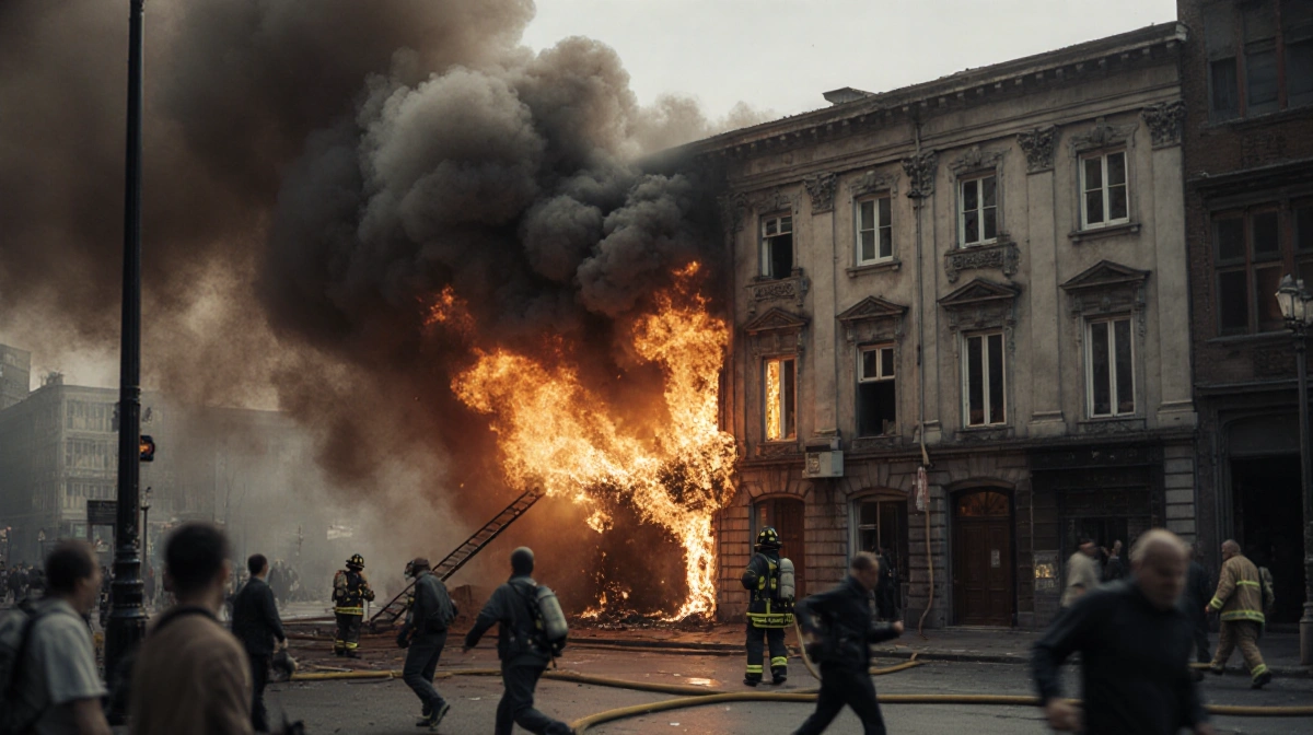 Firefighters battling intense building fire with flames and smoke rising from windows