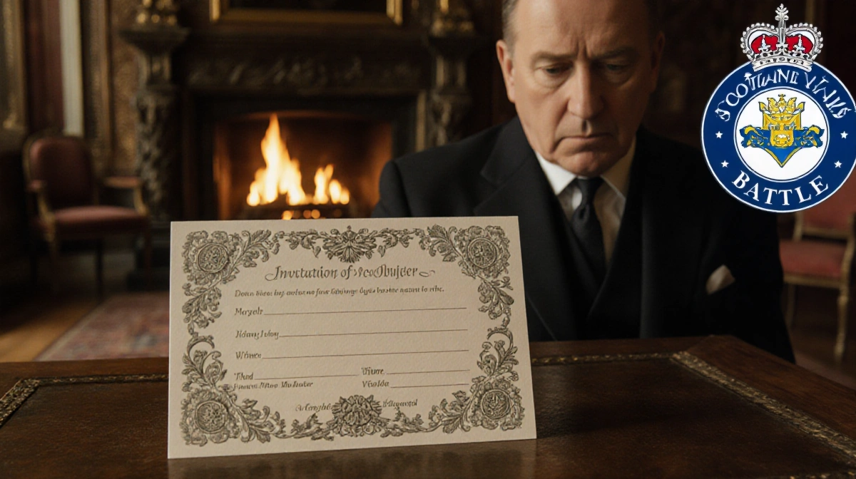 Superintendent Battle examining ornate invitation card with floral pattern on rustic desk and warm fireplace behind
