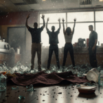 Three people raising arms with shattered glassware and dark tablecloth in chaotic Burger King interior