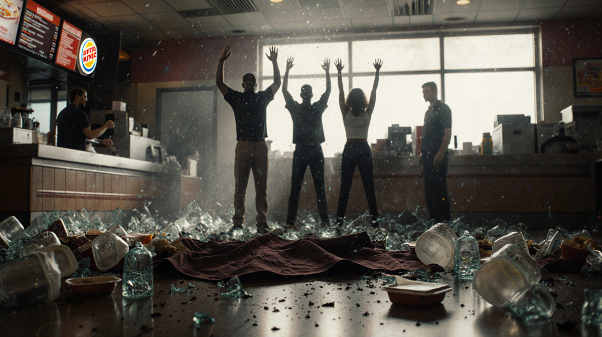 Three people raising arms with shattered glassware and dark tablecloth in chaotic Burger King interior
