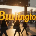 Burlington Stores entrance glows with sunrise light and shoppers walking past the bright logo on the window