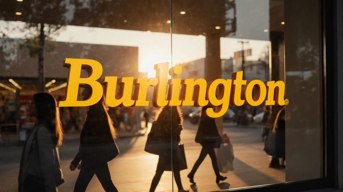 Burlington Stores entrance glows with sunrise light and shoppers walking past the bright logo on the window