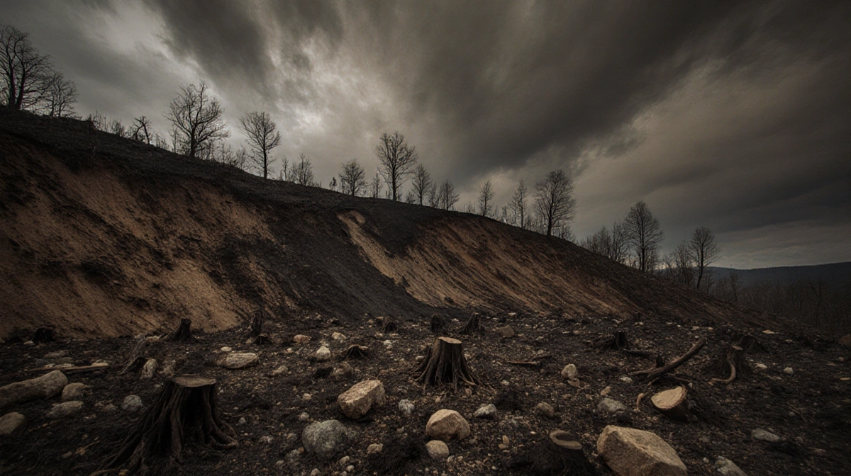 Burned hillside slumping with exposed soil and loose rocks indicating mudslide risk and scattered debris