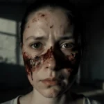 Woman with chemical burns on face showing peeling skin with harsh shadows on wall behind