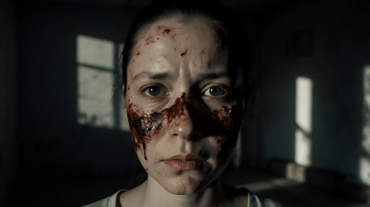 Woman with chemical burns on face showing peeling skin with harsh shadows on wall behind