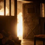 Heavy metal service door with flames and smoke escaping from bar interior with overturned chair and scattered wooden logs nea