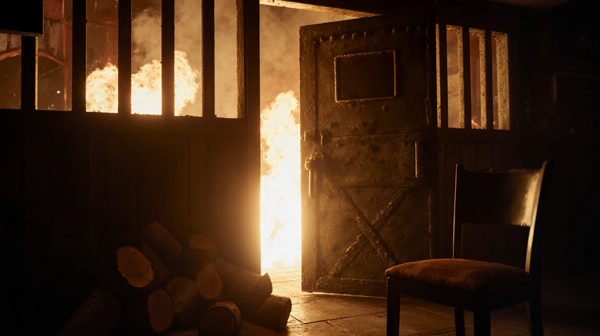 Heavy metal service door with flames and smoke escaping from bar interior with overturned chair and scattered wooden logs nea