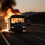 Burning transit bus wrecked after collision with pickup truck on California highway with smoke and debris