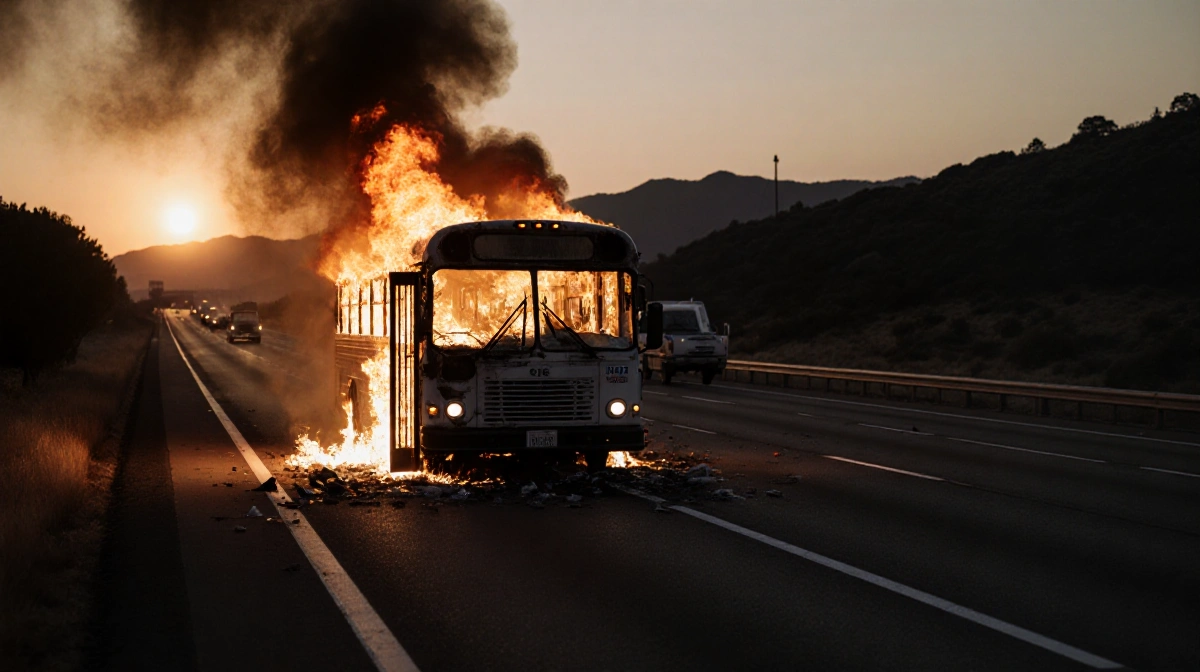Burning transit bus wrecked after collision with pickup truck on California highway with smoke and debris