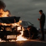 Burning car wreck with flames spreading across the hood and windshield as shocked driver sits nearby