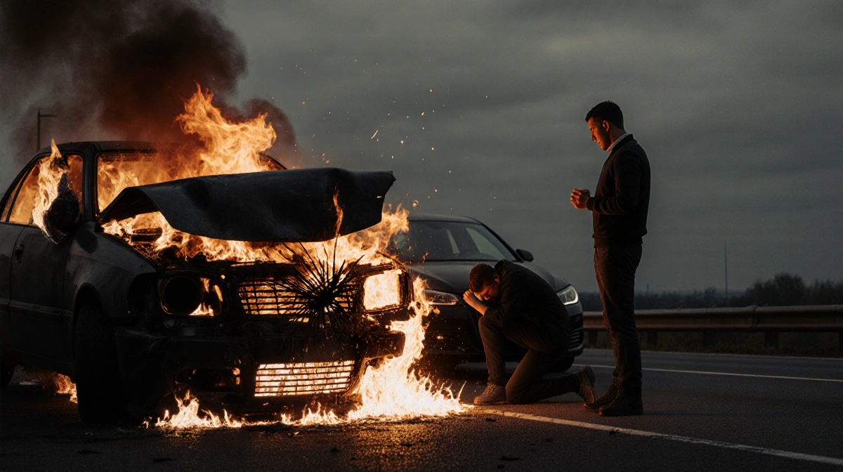Burning car wreck with flames spreading across the hood and windshield as shocked driver sits nearby