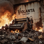 Factory burns with flames and smoke charred biscuit machine in foreground and scorched Violanta logo on wall.