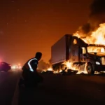 Semi-truck burns on freeway with emergency lights and kneeling rescuer in reflective vest