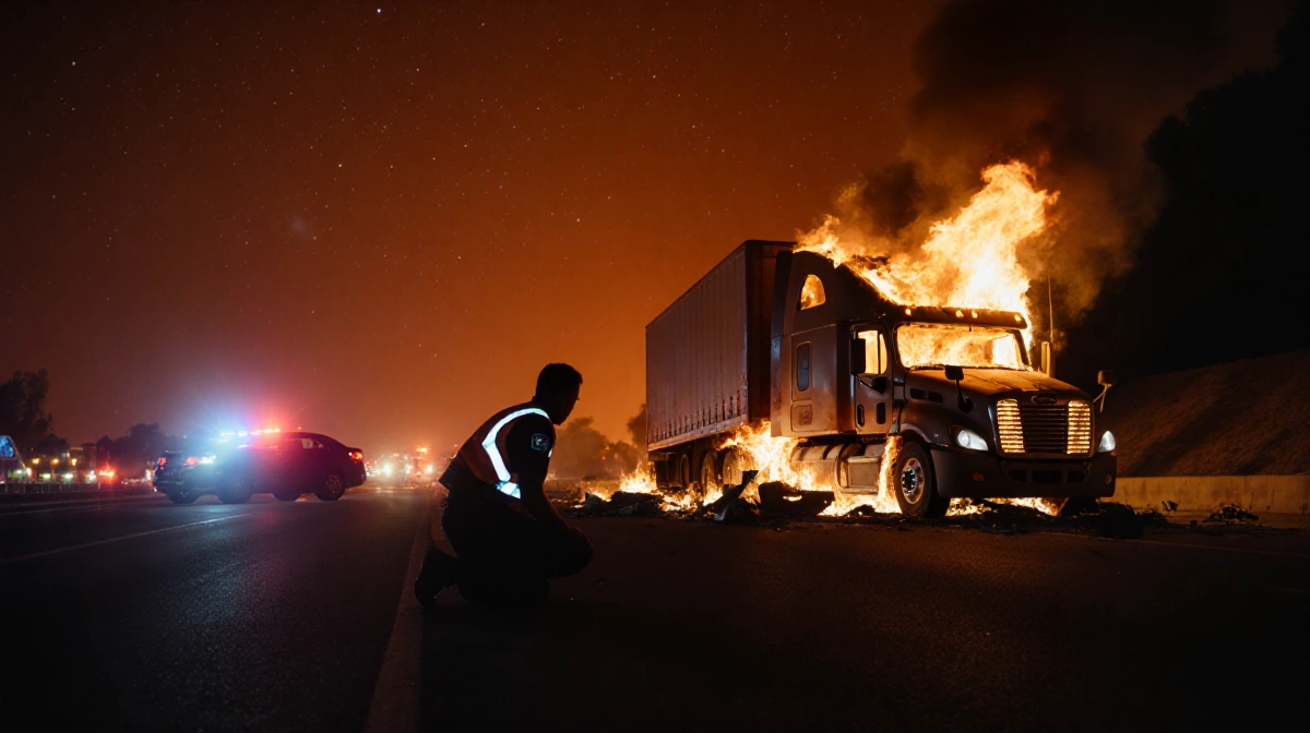 Semi-truck burns on freeway with emergency lights and kneeling rescuer in reflective vest