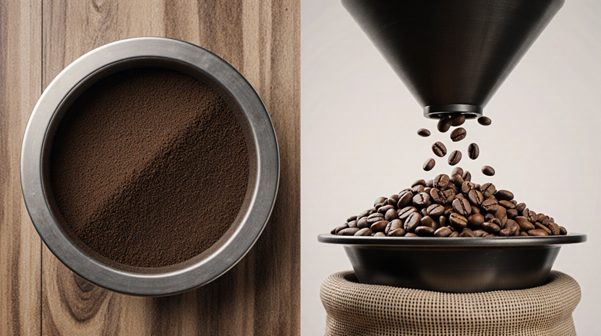 Coffee beans grind through flat burrs forming a circle with a conical burr spiraling beans downward wood grain background.