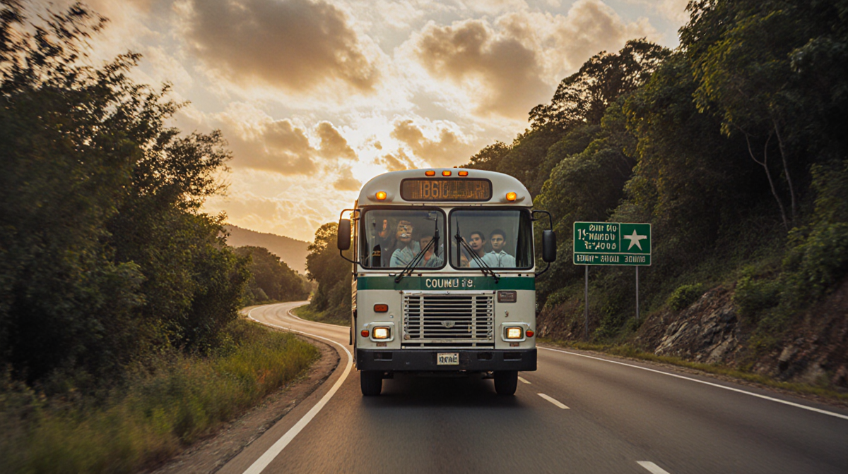 Bus driving along winding road with dense green foliage and a warm orange sky migrants visible through windows