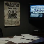 Police report desk shows Timothy Busfield arrest warrant with child sex abuse headline and blurred SVU news on TV