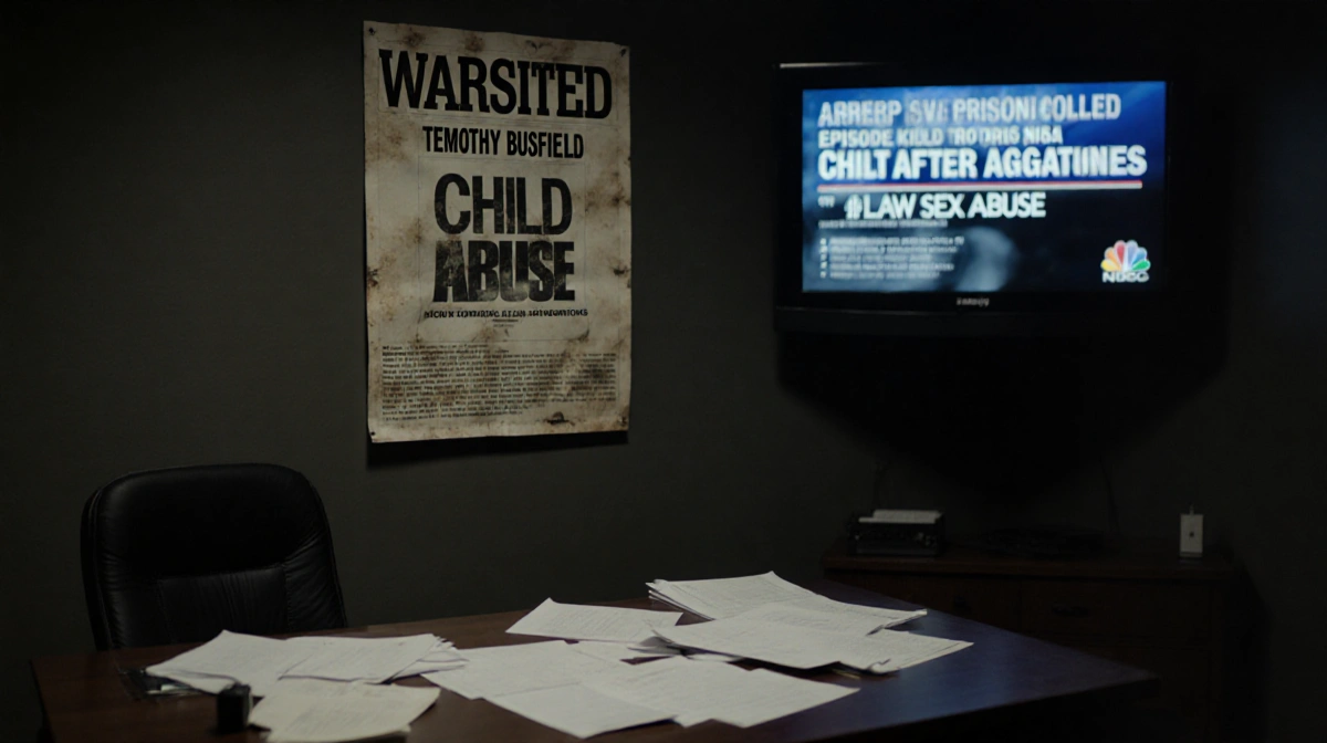 Police report desk shows Timothy Busfield arrest warrant with child sex abuse headline and blurred SVU news on TV