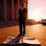 Lawyer standing outside Albuquerque courthouse at sunset with newspaper showing Busfield charges and police car shadow nearby