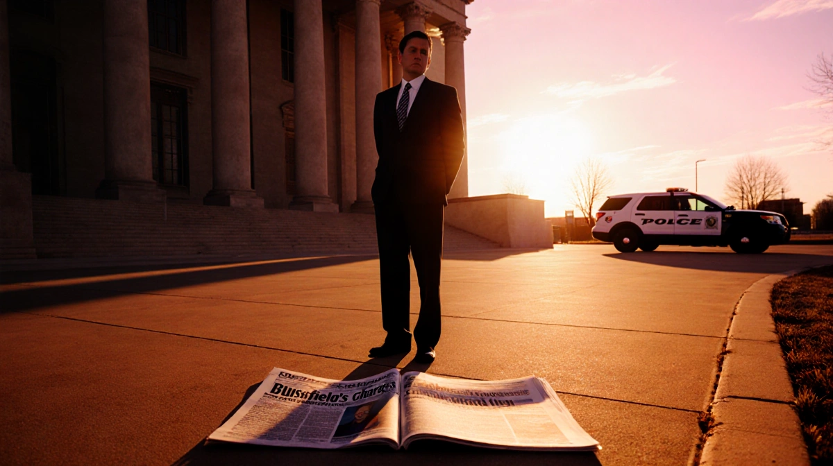 Lawyer standing outside Albuquerque courthouse at sunset with newspaper showing Busfield charges and police car shadow nearby