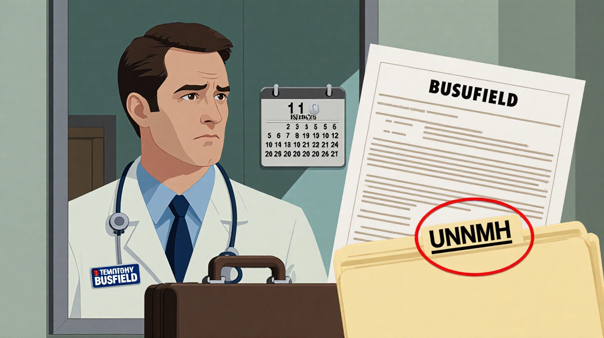 Doctor looking concerned with university badge and calendar showing November 1 2024 date