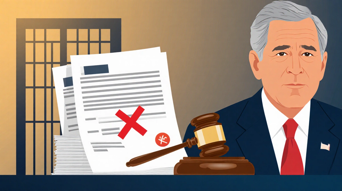 Federal court gavel rests on documents with red asterisk marking commuted 14-year sentence with President Bush portrait behin