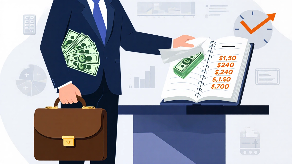 Businessman holding briefcase with cash standing at desk with ledger showing liquidity notes