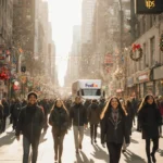 Crowd walking down a city street with storefronts and holiday balloons while FedEx and UPS trucks pass nearby.