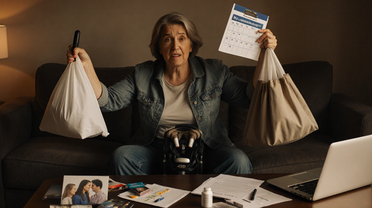 Mother juggling stroller with medication bags and appointment schedule on couch near family photos