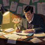 Butch Hartman drawing at his desk with lamp light and Fairly Oddparents characters visible from papers