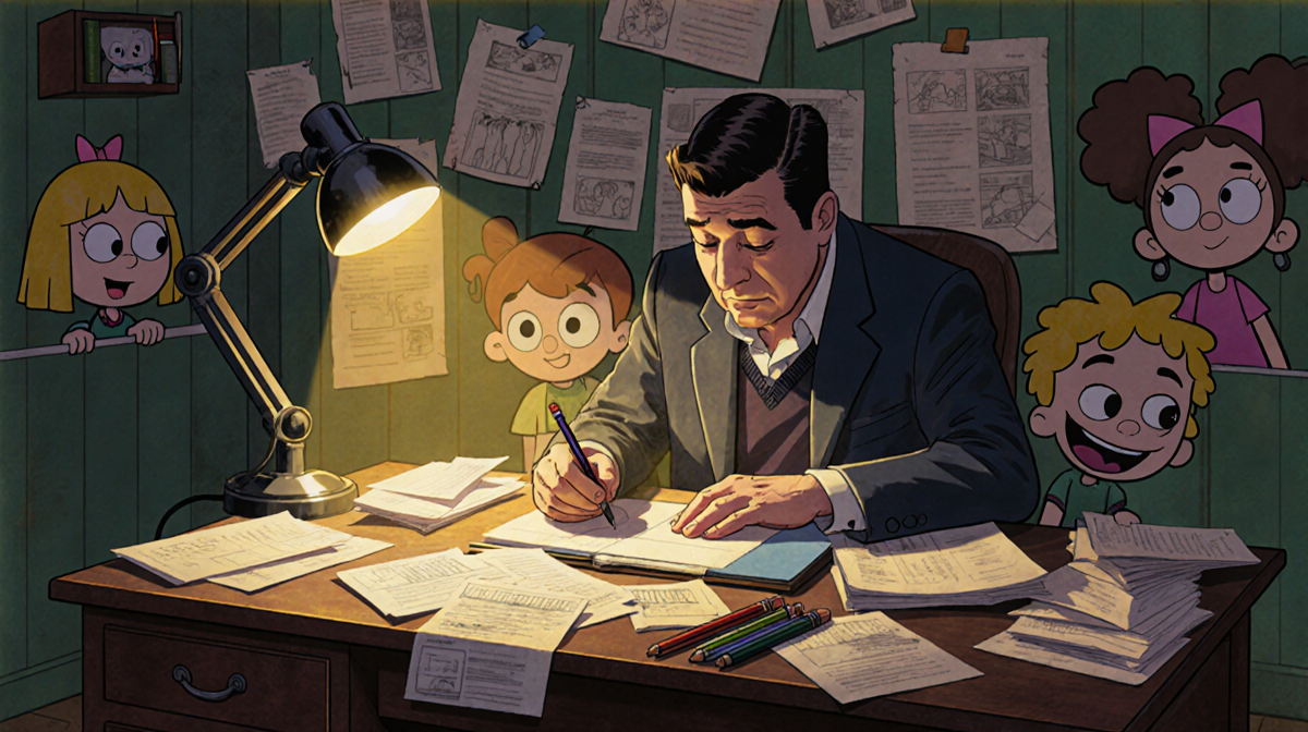 Butch Hartman drawing at his desk with lamp light and Fairly Oddparents characters visible from papers