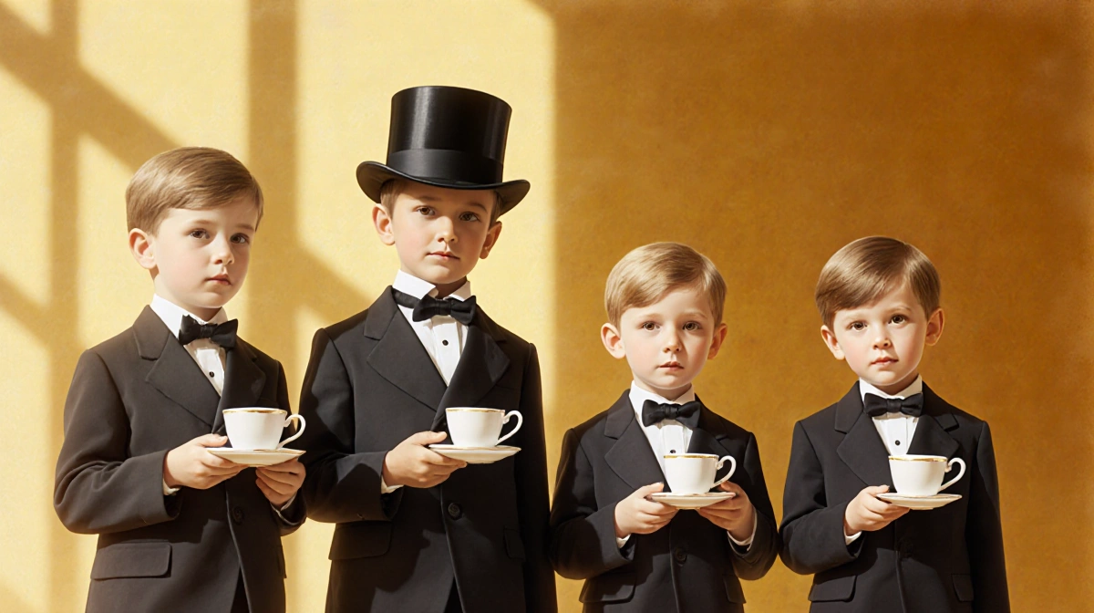 Four young boys in matching uniforms holding tea cups with Lincoln wearing a tiny butler hat and golden mansion background sh
